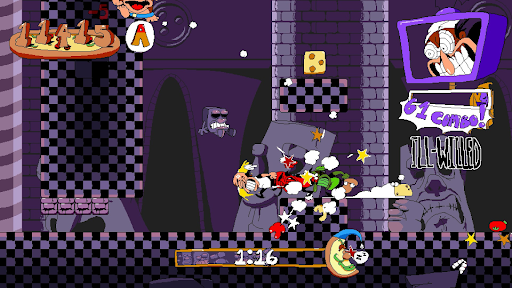 Peppino is mach dashing in this screenshot during Pizza Time, blasting through enemies and getting a high combo.