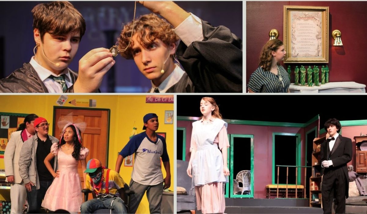 Brayden Cervantes (LP ‘27), and Anthony Johnson (senior), examine a time turner in Harry Potter and the Cursed Child (top left); Kylene Murphy (LP ‘26) looks at the ten little soldier boys poem before her character’s death in And Then There Were None (Top right); Nikki Vandergriff (LP ‘26) and George Moore (LP ‘25) talk while preparing for their guests in the same play (bottom right);  Michael Lampingnano (LP ‘27), Alexis Pichay (LP ‘27), and Johnny Henderson (LP ‘27) respond to a scolding from their teacher in Miss Nelso is Missing (bottom left).
