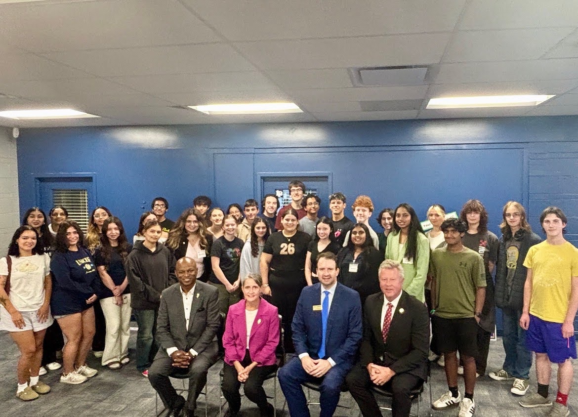 Lake Park students gather with Illinois elected officials in the East Campus collaboration center.
