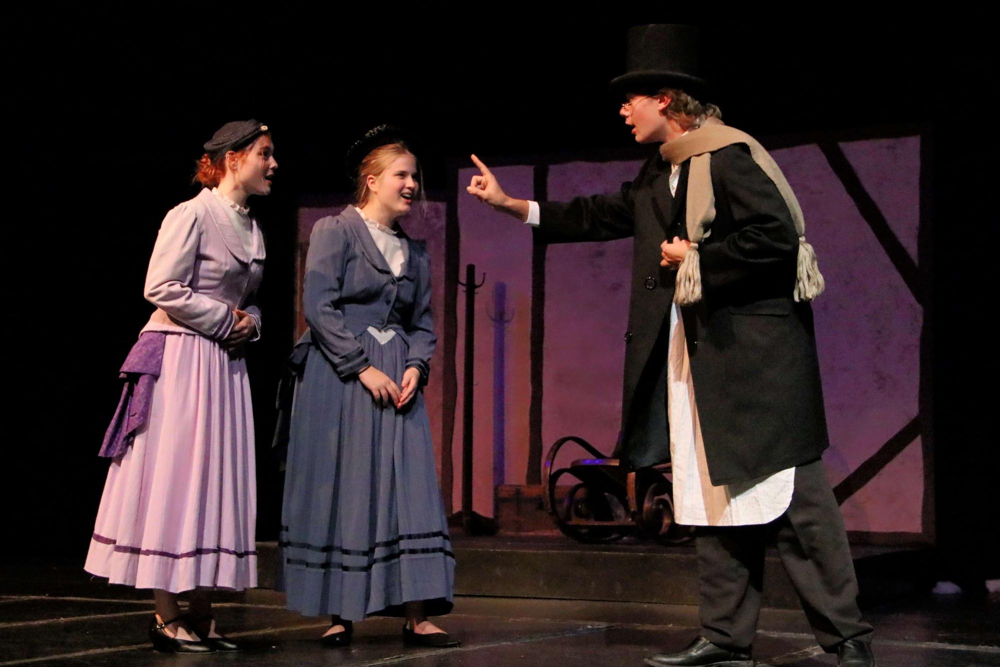 Sarah Ward (LP '26)  Emily Rusin (LP '26), and Jack Colucci (LP '27) perform in December's production of 'A Christmas Carol."